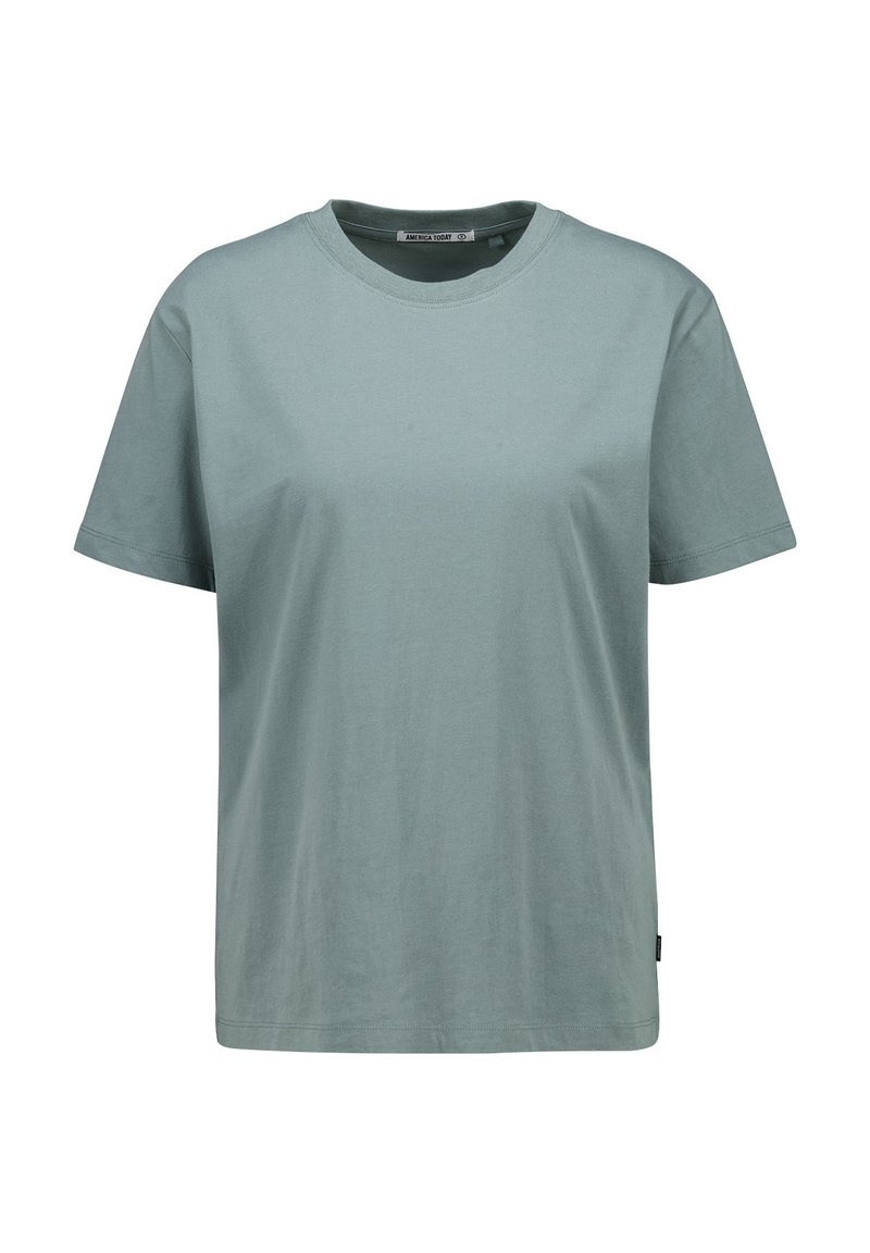 Hellgrünes Baumwoll-T-Shirt mit Rundhalsausschnitt, kurzen Ärmeln, lockerem Schnitt und ohne sichtbare Muster oder Verzierungen.
