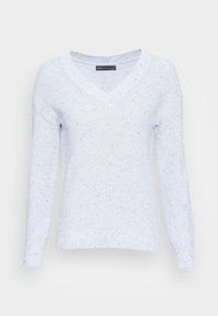 Ljusblå, långärmad v-halsad tröja gjord av ett texturerat stickat material, med ett subtilt spräckligt mönster överallt.