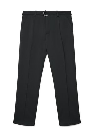 Pantalon noir droit avec ceinture assortie équipée d'une boucle double anneau argentée, poches latérales et pli central.