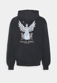 Black hoodie featuring a large graphic on the back of a winged figure seated with dogs, text "FALLEN ANGEL," and a smooth texture.