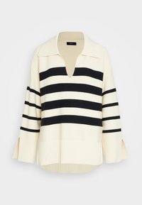 Cremefarbener Pullover mit schwarzen horizontalen Streifen, weitem Kragen und V-Ausschnitt. Der gerippte Saum und die seitlichen Schlitze fügen dem Design Textur und Detail hinzu.