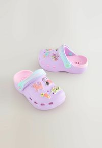 Zoccoli viola con interno rosa e accenti decorativi, tra cui farfalle e animali. Dotati di cinturino e fori di ventilazione per la traspirazione.