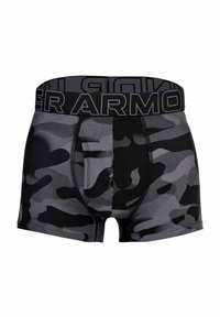 Svart och grå kamouflagemönstrade kalsonger med en texturerad midjeresår som har "Under Armour"-logotypen i svart. Tyget verkar mjukt och stretchmodig.