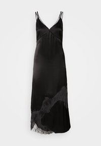 Schwarzes Satin-Nightdress mit Spitzenbesatz, dünnen Trägern, V-Ausschnitt, fließender Silhouette und Spitzenakzent am Saum.