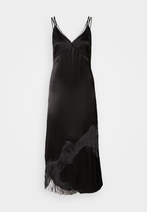 Robe noire en satin avec bordure en dentelle, fines bretelles, décolleté en V, silhouette fluide et accent en dentelle le long de l'ourlet.