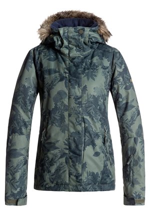 Groene en donker bloemige winterjas met ritssluiting aan de voorkant, ritszakken, verstelbare manchetten en een capuchon met nepbont afwerking.
