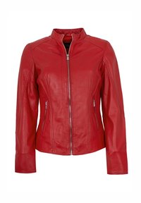 Rote Lederjacke mit hohem Kragen, Reißverschluss vorne und zwei seitlichen Taschen. Verfügt über gesteppte Details und eine taillierte Passform.