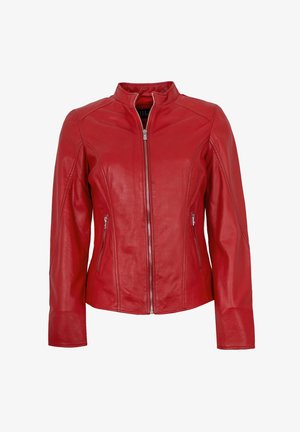 Rote Lederjacke mit hohem Kragen, Reißverschluss vorne und zwei seitlichen Taschen. Verfügt über gesteppte Details und eine taillierte Passform.