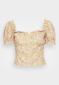 Top cropped floral feito de tecido leve. Apresenta mangas bufantes, decote quadrado e uma palete de cores pastéis com pequenos padrões de flores.