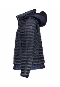 Granatowa kurtka puchowa o pikowanej fakturze, z kapturem, dwoma kieszeniami zapinanymi na zamek oraz haftowanym logo na górnej części rękawa.