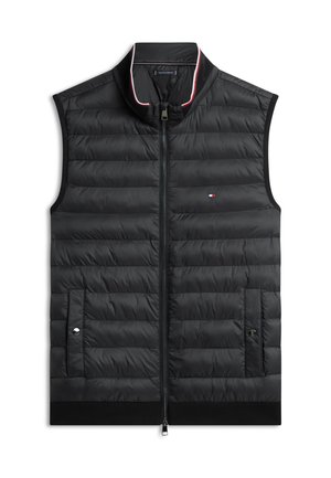 Gilet senza maniche trapuntato nero con collo alto, cerniera frontale e tasche laterali. Presenta un orlo a coste e un collo interno a contrasto.
