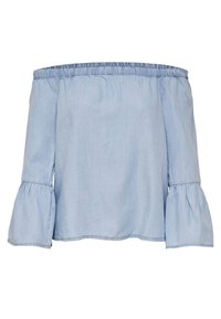Lys blå off-the-shoulder top lavet af blød stof, med puffede ærmer og en samlet elastisk halsudskæring for en afslappet pasform.