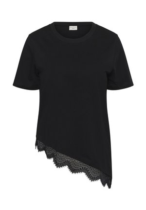 Bluză neagră cu mâneci scurte, decolteu rotund și tiv asimetric cu dantelă ondulată la marginea inferioară.