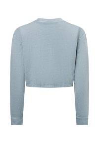Gekürzter Sweatshirt in Hellblau, aus weichem Baumwollstoff, mit langen Ärmeln, rundem Ausschnitt und gerippten Manschetten. Glatte Textur mit minimalen Details.