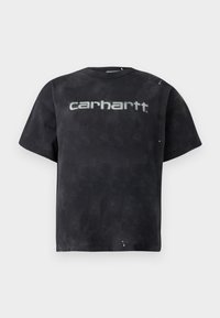 Μαύρο μπλουζάκι tie-dye κατασκευασμένο από βαμβάκι. Διαθέτει κοντά μανίκια, στρογγυλή λαιμόκοψη και μεγάλο γκρι λογότυπο μπροστά. Λεπτομέρειες με διακριτική φθορά.