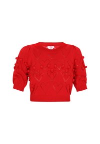 Rød strikket sweater med hjerte mønstre, puffede ærmer og pom-pom detaljer. Har en ribbet halsudskæring og kant samt et cropped design.
