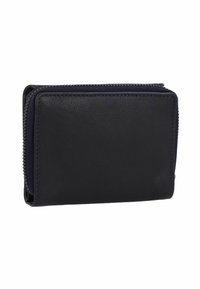 Black leather wallet with a textured finish, featuring a zip closure and compact rectangular design. Minimalist style with no visible hardware.