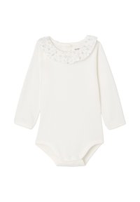 Long-sleeve white baby bodysuit with a floral-patterned ruffled collar, featuring snap closures at the bottom for easy dressing.