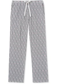 Pantalones de lounge con estampado, hechos de una tela suave, que presentan un diseño de espiga en blanco y negro con acentos de diamante rosa y una cintura con cordón.