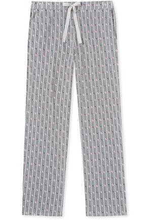 Geweven loungebroeken van zachte stof, met een visgraatpatroon in zwart en wit en roze diamantaccenten, en een taille met trekkoord.