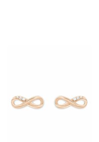 Gli orecchini infinity in oro rosa presentano un design liscio e attorcigliato con una fila di piccoli cristalli trasparenti su un lato.