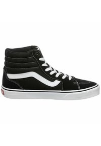 Zapatillas de lona negras de caña alta con cordones y acentos blancos. Cuenta con una raya lateral clásica, tejido texturizado y suela de goma.