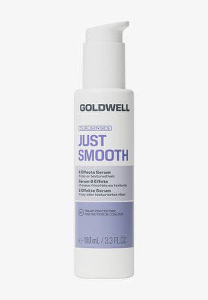 Witte pompflacon van Goldwell Dualsenses Just Smooth 6 Effects Serum voor kroezend of gestructureerd haar met kleurbehoud, 100 ml formaat.