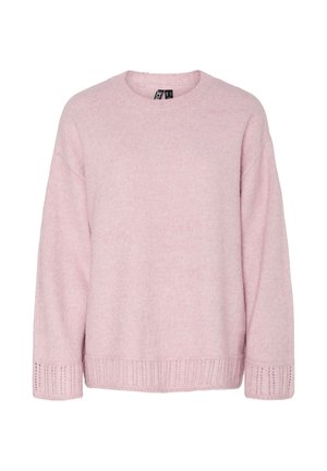 Gaiši rozā adīts džemperis ar apaļu kakla izgriezumu, brīvu piegriezumu un ribotu apdari uz aprocēm un apakšmalā. Mīksta faktūra ar smalku rakstu.