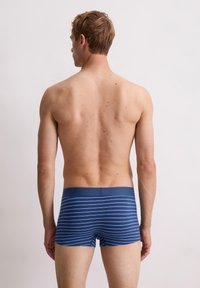 Boxers de rayas azules hechos de una tela suave, con una cinturilla sólida. Las rayas alternan entre azul claro y azul oscuro.