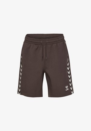 Bruine sportshorts met elastische tailleband, trekkoord, chevronpatroon aan de zijkanten en een klein wit logo op het linkerbeen.