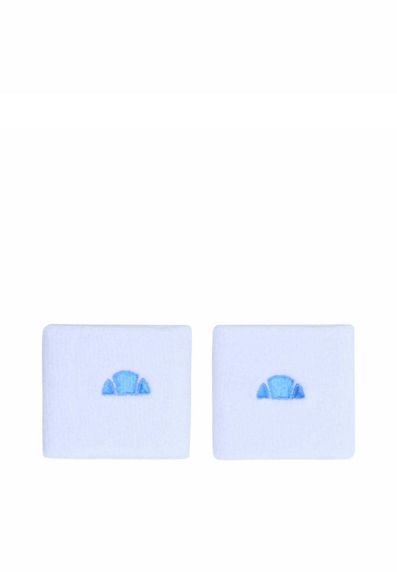 Due braccialetti bianchi in tessuto con piccoli loghi a forma di croissant blu centrati su ciascuno di essi.