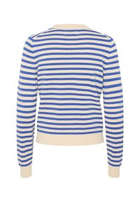 Pull à manches longues avec des rayures horizontales bleues et blanc cassé, poignets et ourlet côtelés, présenté de dos sur un fond blanc uni.