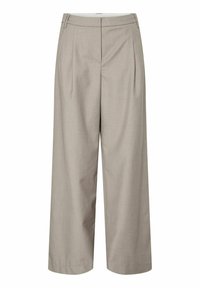 Beige brede broek met een op maat gemaakte pasvorm, geplooide voorkant en een gladde textuur. Beschikt over riemlussen en zakken.