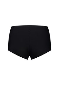 Zwarte zwemshorts met een gladde textuur, met een eenvoudig ontwerp en zonder zichtbare naden of versieringen aan de achterkant.