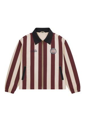 Kvinde iført en vinrød og beige stribet jakke, lysegrå shorts, hvide sokker og sølvfarvede sneakers, stående foran en ensfarvet grå baggrund.