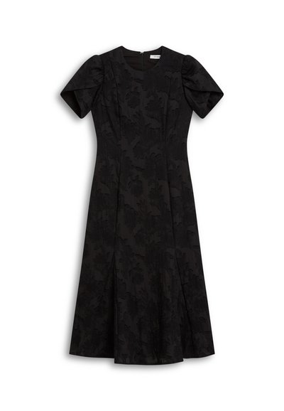 Schwarzes Kleid mit kurzen Puffärmeln, floralen Muster, tailliertem Oberteil und ausgestelltem Rock. Reißverschluss auf der Rückseite. Glattes Gewebe.