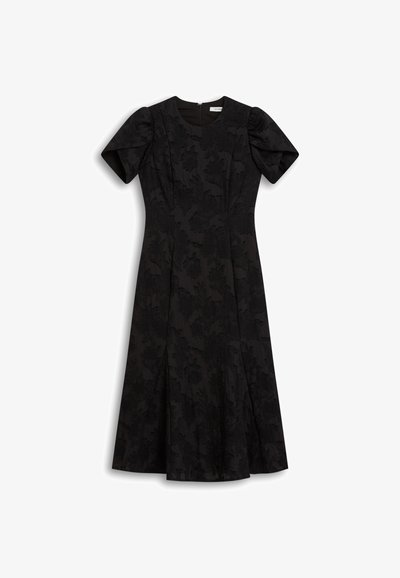 Schwarzes Kleid mit kurzen Puffärmeln, floralen Muster, tailliertem Oberteil und ausgestelltem Rock. Reißverschluss auf der Rückseite. Glattes Gewebe.