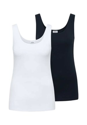 Dwie damskie koszulki na ramiączkach, jedna biała, a druga czarna, obie z okrągłym dekoltem i metką "CECIL" wewnątrz kołnierza.