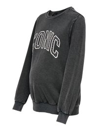 Donkergrijze sweatshirt met "ICONIC" bedrukt in witte letters met een outline, voorzien van lange mouwen en een afgeronde zoom. Zachte stof met geribbelde manchetten.