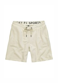 Shorts de sport couleur crème avec un cordon de serrage à la taille, ornés de lettres noires "PLAY-Pi SPORTS" sur la ceinture et de deux poches latérales.
