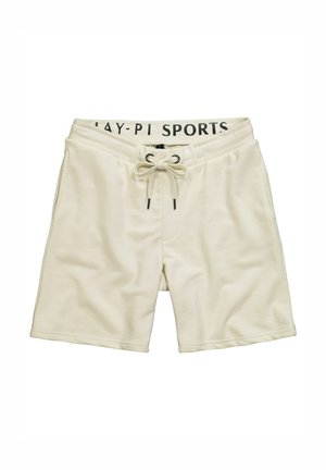 Crèmekleurige sportshorts met een koord in de taille, met zwarte letters "PLAY-Pi SPORTS" op de tailleband en twee zijzakken.