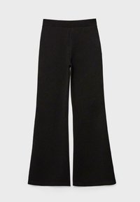 Pantaloni neri a vita alta con gamba larga, con una cintura semplice, senza tasche visibili o decorazioni, distesi su uno sfondo chiaro.