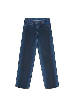 Blauwe denim jeans met een recht model, voorzien van voorzakken, een knoopsluiting en een subtiele vervaagde textuur.