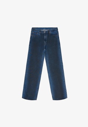 Blue denim jeans with a straight-leg design, featuring front pockets, a button closure, and a subtle faded texture.
