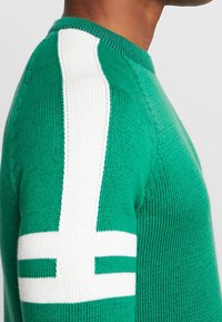 Grüner gestrickter Pullover mit einem gerippten Kragen und weißen Streifenakzenten an den Ärmeln. Weiches Material mit einer taillierten Passform.