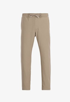 Beige Slim-Fit-Hose mit elastischem Bund und Stoffknoten-Gürtel, ausgestattet mit Gürtelschlaufen und verdecktem Frontverschluss.