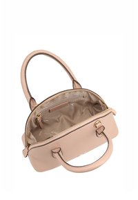 Lichtroze leren handtas met een gestructureerde vorm, gouden rits en dubbele handvatten. Het interieur heeft een gladde voering en een klein ritsvak.