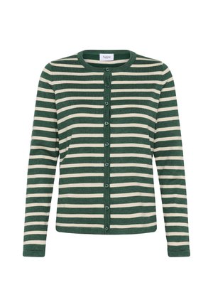 Zeleno in kremno prugasto, dolgi rokavi, gumbni kardigan s krožnim izrezom in ohlapnim krojem.