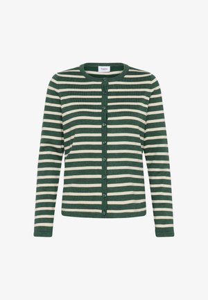 Vihreä ja kerma valkoisilla vaakasuorilla raidoilla varustettu pitkähiha, nappikiinnitteinen kardigan, jossa on pyöreä kaula-aukko ja slim fit -malli.
