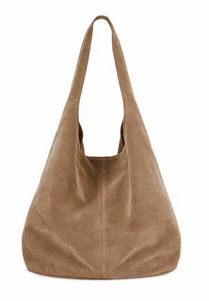 Miękka torebka do ręki z brązowego zamszu, z szerokim uchwytem i miękkim, nieustrukturyzowanym kształtem, z delikatnym przeszyciem wzdłuż centralnego szwu.